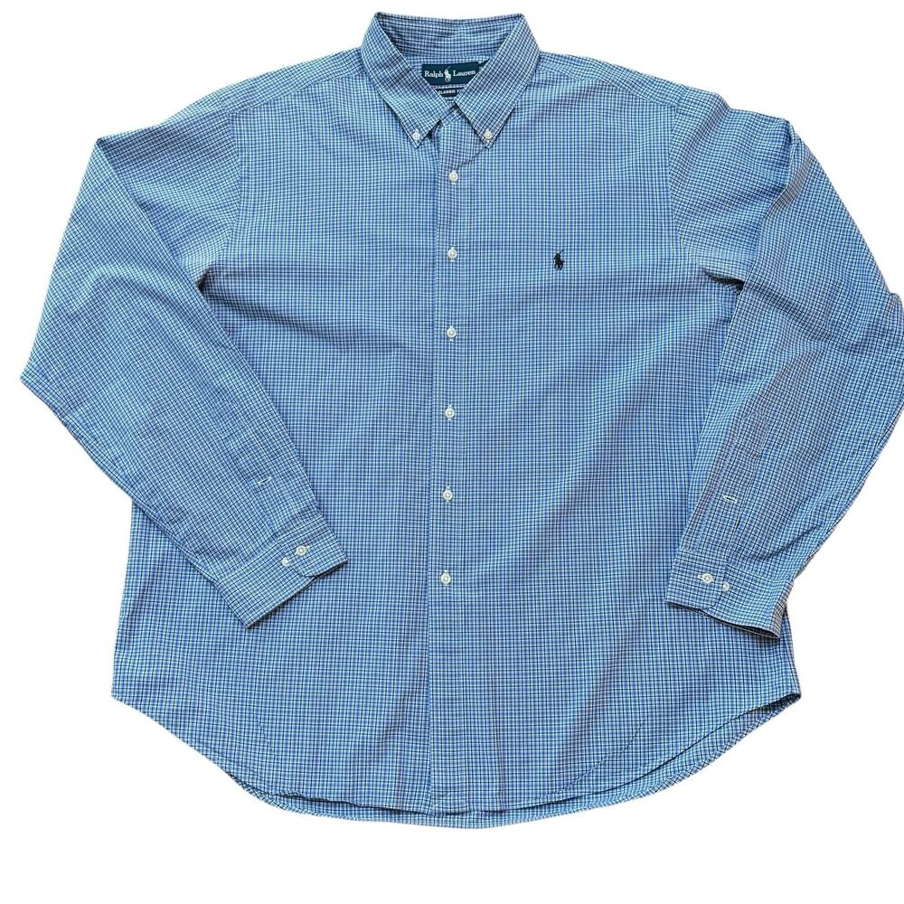 Vintage Polo Ralph Lauren Tattersall Check Blue Cotton Poplin Button Down XXL
